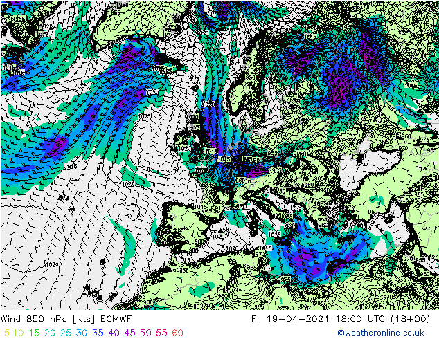 Wind 850 hPa ECMWF Fr 19.04.2024 18 UTC