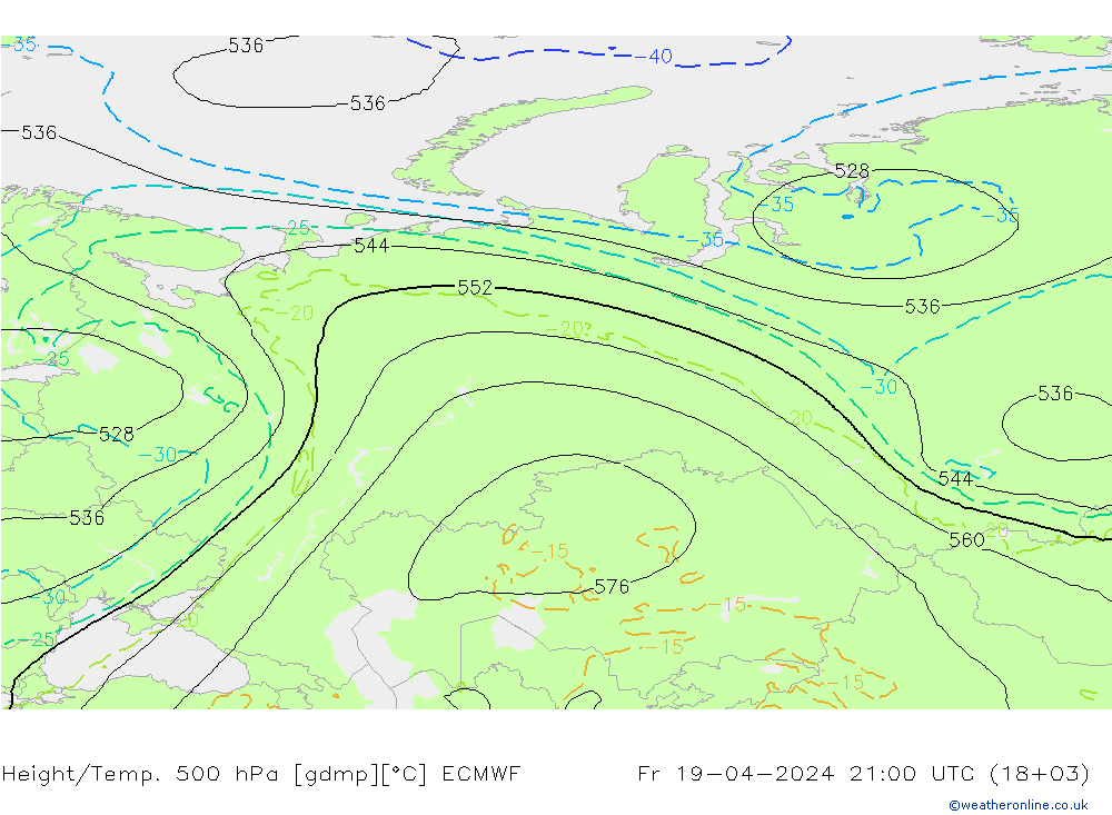 Height/Temp. 500 hPa ECMWF Fr 19.04.2024 21 UTC