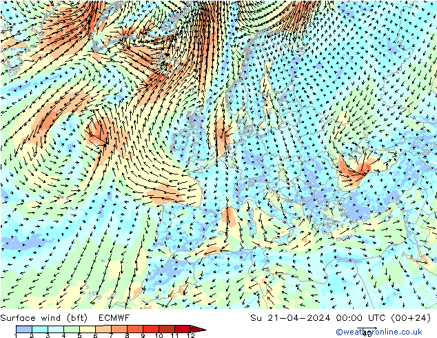 Surface wind (bft) ECMWF Su 21.04.2024 00 UTC