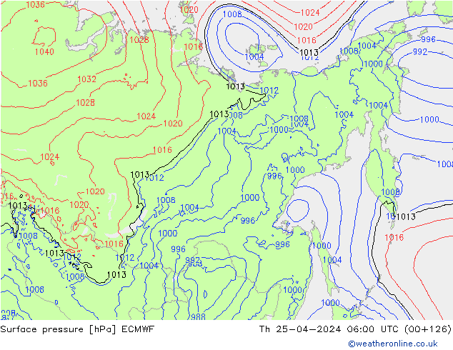 Pressione al suolo ECMWF gio 25.04.2024 06 UTC
