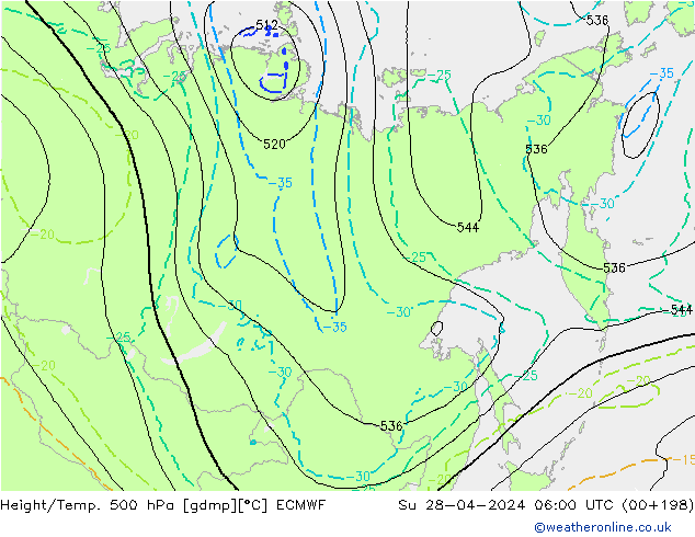Z500/Rain (+SLP)/Z850 ECMWF Su 28.04.2024 06 UTC