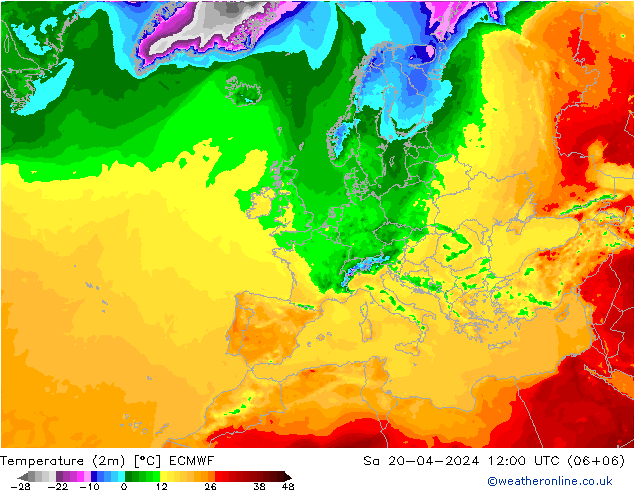Temperatura (2m) ECMWF Sáb 20.04.2024 12 UTC