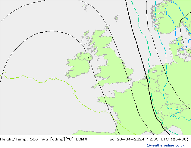 Height/Temp. 500 hPa ECMWF Sa 20.04.2024 12 UTC