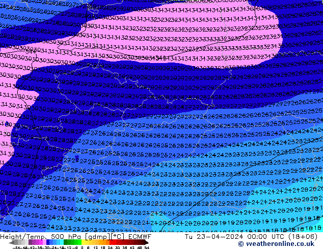 Z500/Rain (+SLP)/Z850 ECMWF Út 23.04.2024 00 UTC