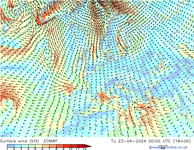 Surface wind (bft) ECMWF Tu 23.04.2024 00 UTC