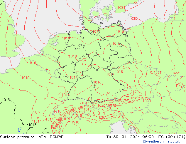Atmosférický tlak ECMWF Út 30.04.2024 06 UTC