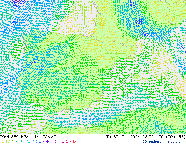 Wind 850 hPa ECMWF Tu 30.04.2024 18 UTC