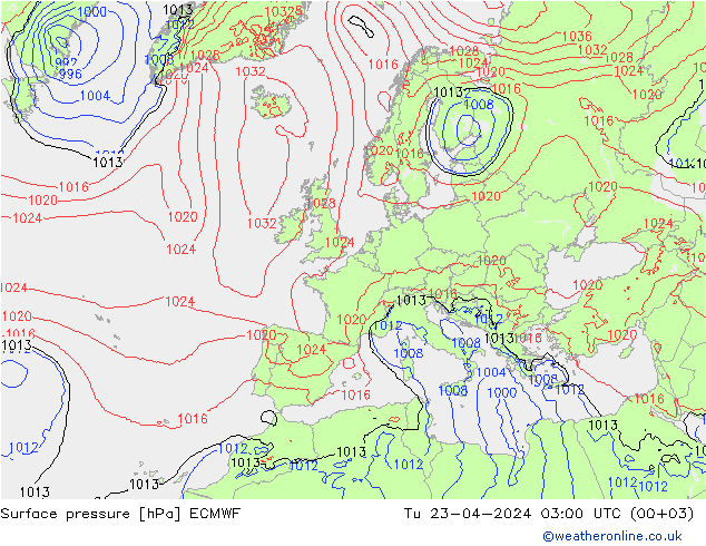 Surface pressure ECMWF Tu 23.04.2024 03 UTC