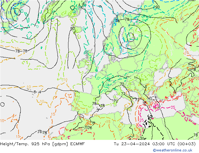 Height/Temp. 925 hPa ECMWF Út 23.04.2024 03 UTC