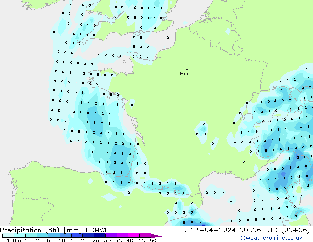 Precipitation (6h) ECMWF Tu 23.04.2024 06 UTC