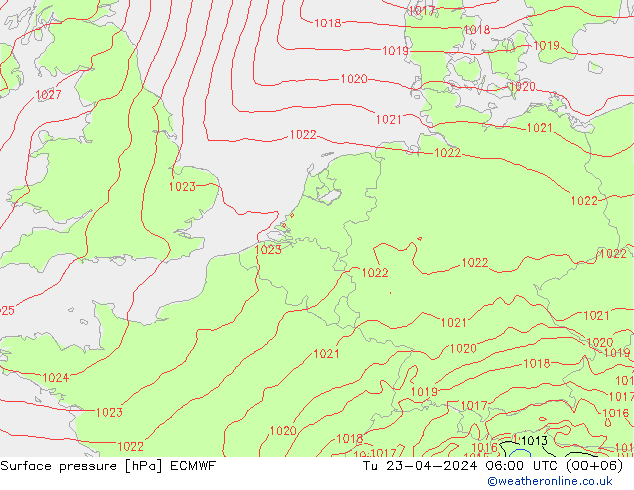Bodendruck ECMWF Di 23.04.2024 06 UTC