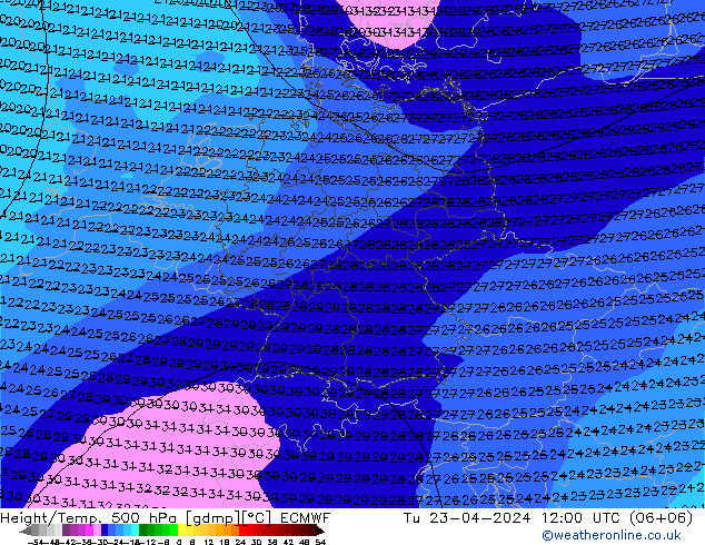 Z500/Rain (+SLP)/Z850 ECMWF вт 23.04.2024 12 UTC