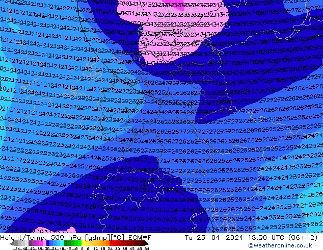 Z500/Rain (+SLP)/Z850 ECMWF Tu 23.04.2024 18 UTC