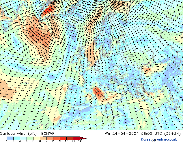 Surface wind (bft) ECMWF We 24.04.2024 06 UTC