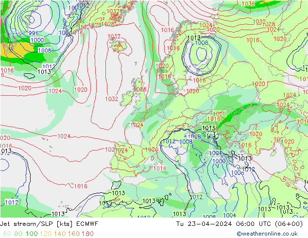 Polarjet/Bodendruck ECMWF Di 23.04.2024 06 UTC