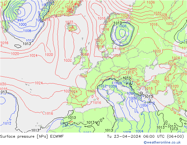 Bodendruck ECMWF Di 23.04.2024 06 UTC