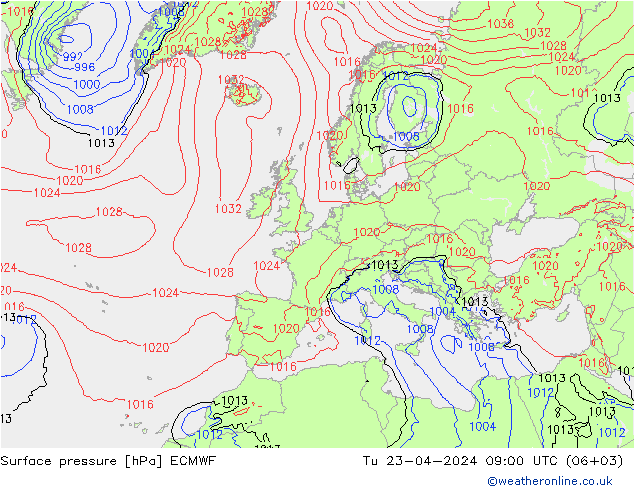 Bodendruck ECMWF Di 23.04.2024 09 UTC