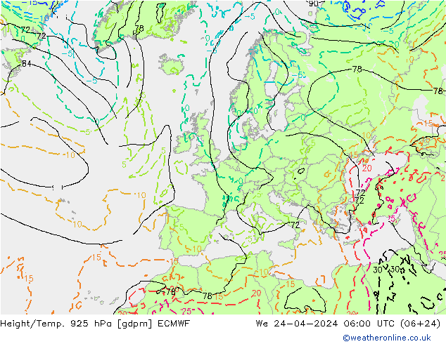 Height/Temp. 925 hPa ECMWF mer 24.04.2024 06 UTC