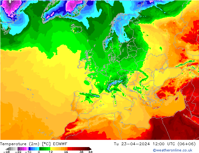 Temperature (2m) ECMWF Tu 23.04.2024 12 UTC