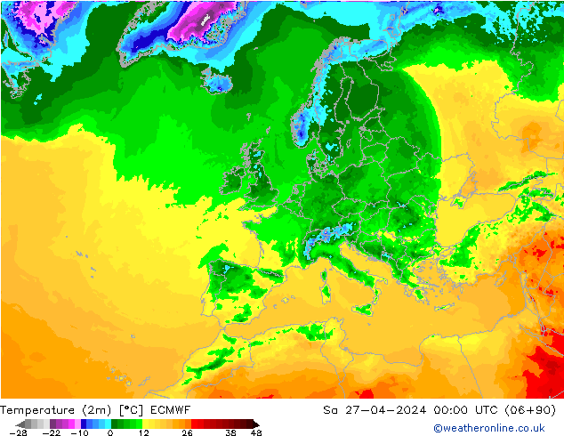 Temperature (2m) ECMWF Sa 27.04.2024 00 UTC