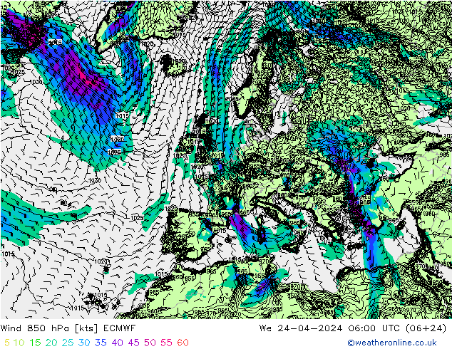 Wind 850 hPa ECMWF Mi 24.04.2024 06 UTC