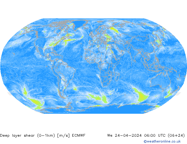 Deep layer shear (0-1km) ECMWF We 24.04.2024 06 UTC