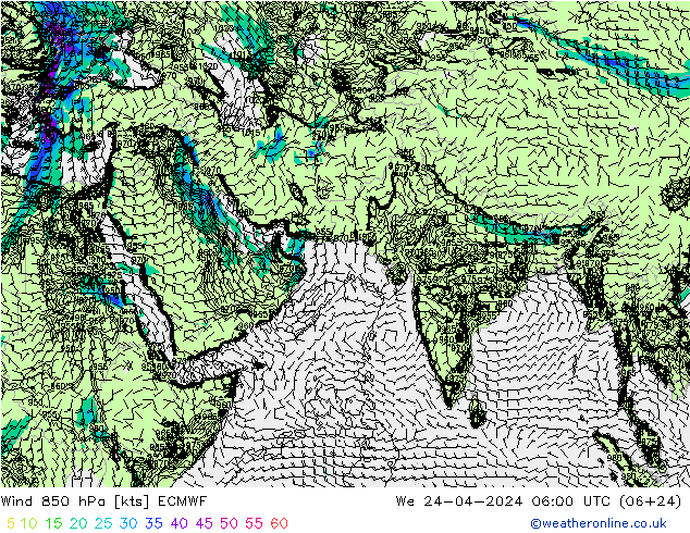 wiatr 850 hPa ECMWF śro. 24.04.2024 06 UTC