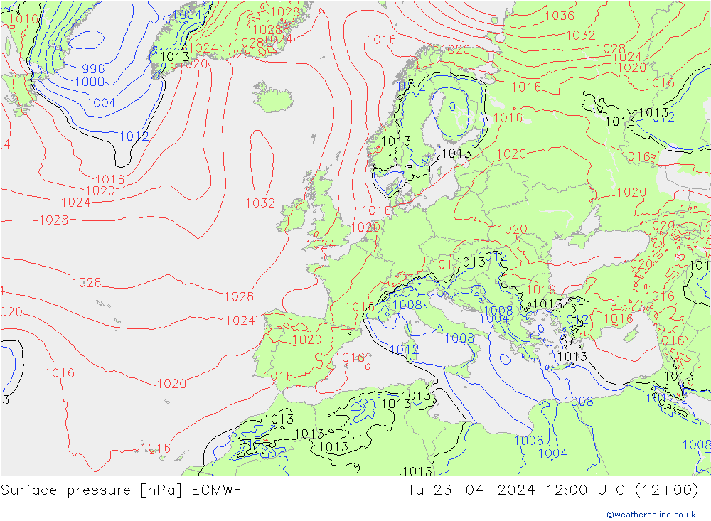 Bodendruck ECMWF Di 23.04.2024 12 UTC
