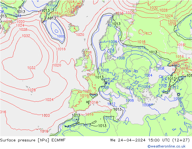 Surface pressure ECMWF We 24.04.2024 15 UTC