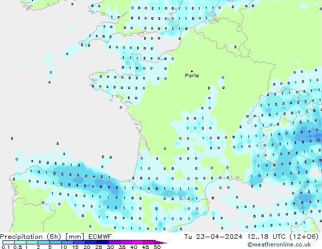 Precipitation (6h) ECMWF Út 23.04.2024 18 UTC