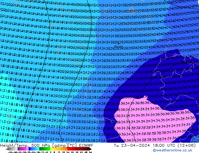Z500/Rain (+SLP)/Z850 ECMWF wto. 23.04.2024 18 UTC