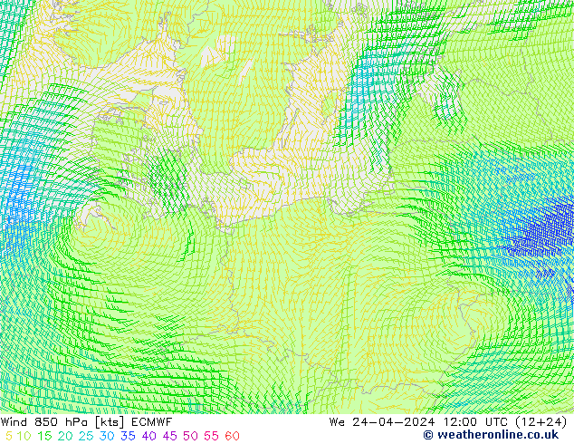 wiatr 850 hPa ECMWF śro. 24.04.2024 12 UTC