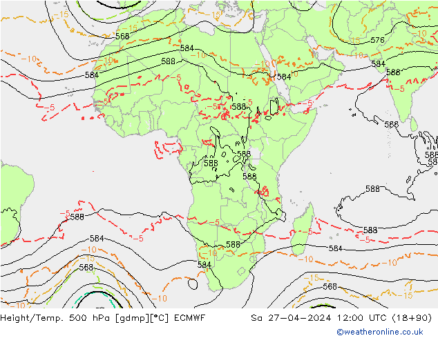 Height/Temp. 500 hPa ECMWF Sa 27.04.2024 12 UTC