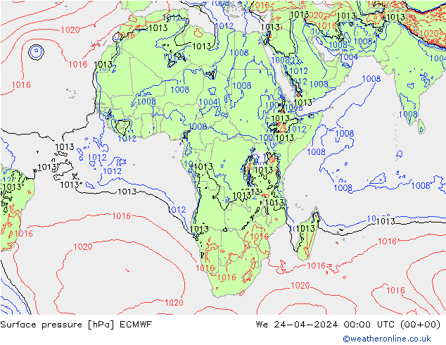 pressão do solo ECMWF Qua 24.04.2024 00 UTC