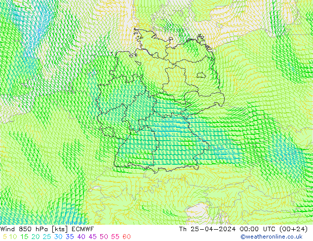 Wind 850 hPa ECMWF Th 25.04.2024 00 UTC