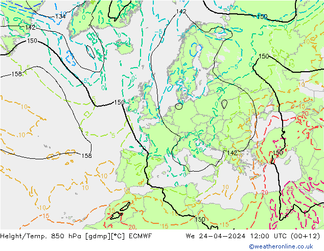 Z500/Rain (+SLP)/Z850 ECMWF śro. 24.04.2024 12 UTC