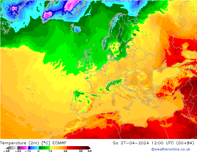 Temperaturkarte (2m) ECMWF Sa 27.04.2024 12 UTC
