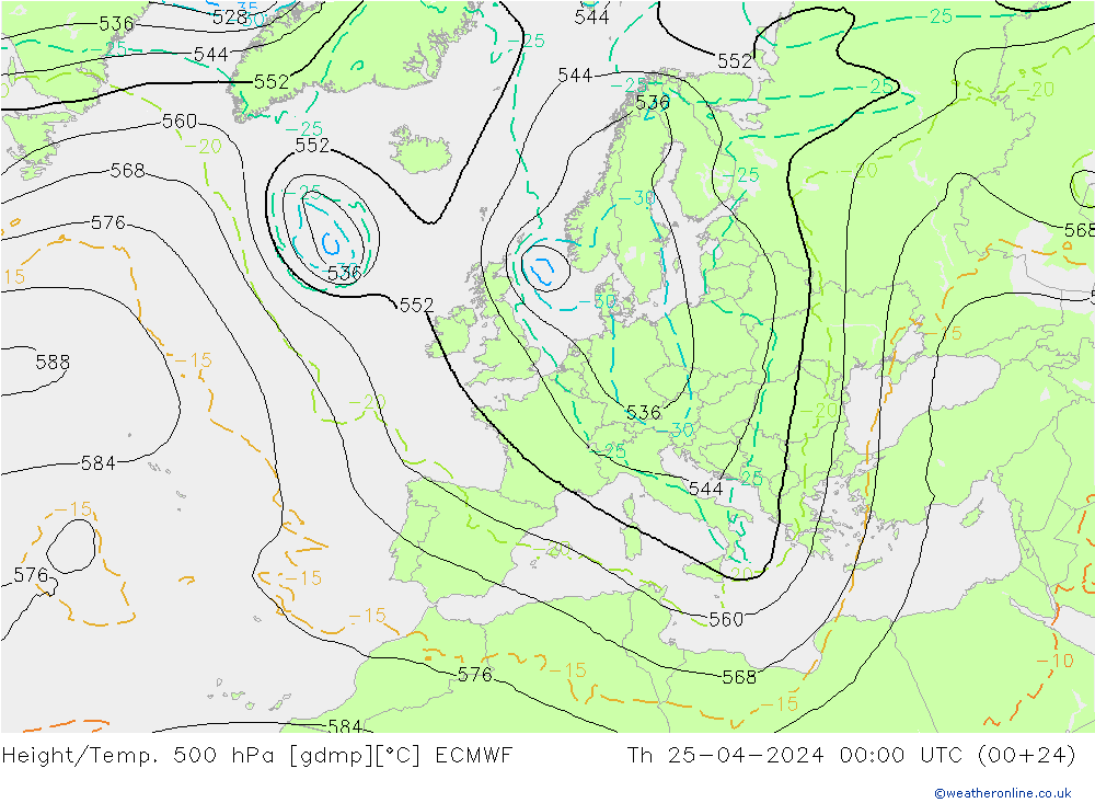 Height/Temp. 500 hPa ECMWF czw. 25.04.2024 00 UTC