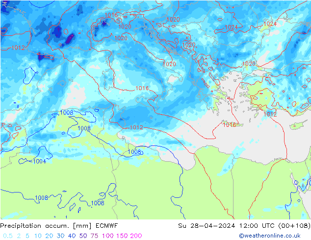 Precipitation accum. ECMWF Su 28.04.2024 12 UTC