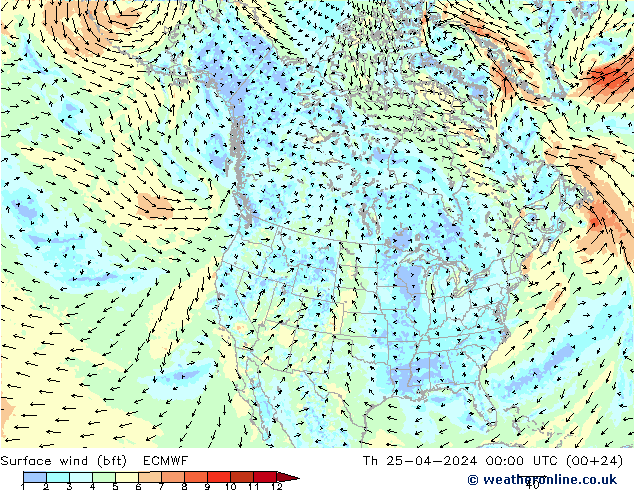 Surface wind (bft) ECMWF Th 25.04.2024 00 UTC