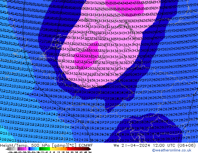 Z500/Rain (+SLP)/Z850 ECMWF mer 24.04.2024 12 UTC
