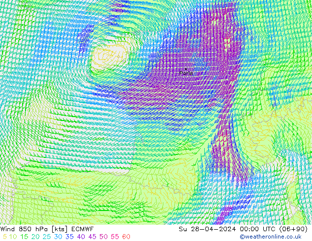 Vent 850 hPa ECMWF dim 28.04.2024 00 UTC