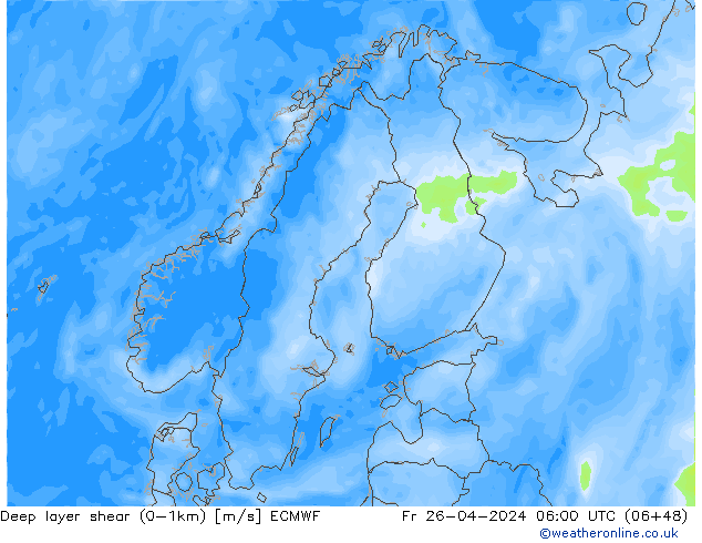 Deep layer shear (0-1km) ECMWF Fr 26.04.2024 06 UTC