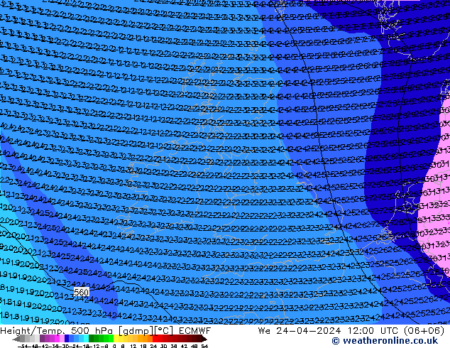 Z500/Rain (+SLP)/Z850 ECMWF mié 24.04.2024 12 UTC
