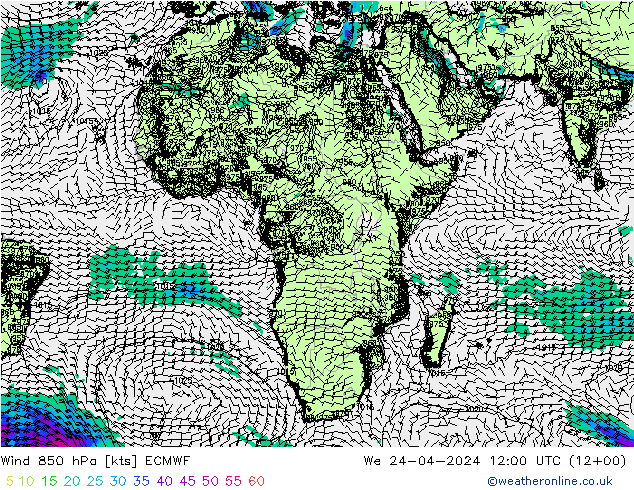 Wind 850 hPa ECMWF We 24.04.2024 12 UTC
