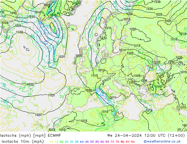 Isotachs (mph) ECMWF mer 24.04.2024 12 UTC