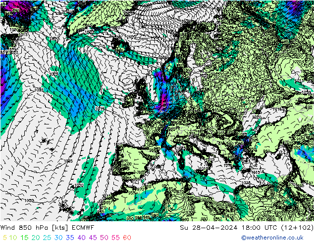 Wind 850 hPa ECMWF Su 28.04.2024 18 UTC