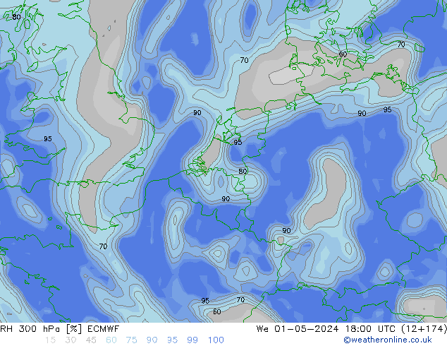 Humidité rel. 300 hPa ECMWF mer 01.05.2024 18 UTC