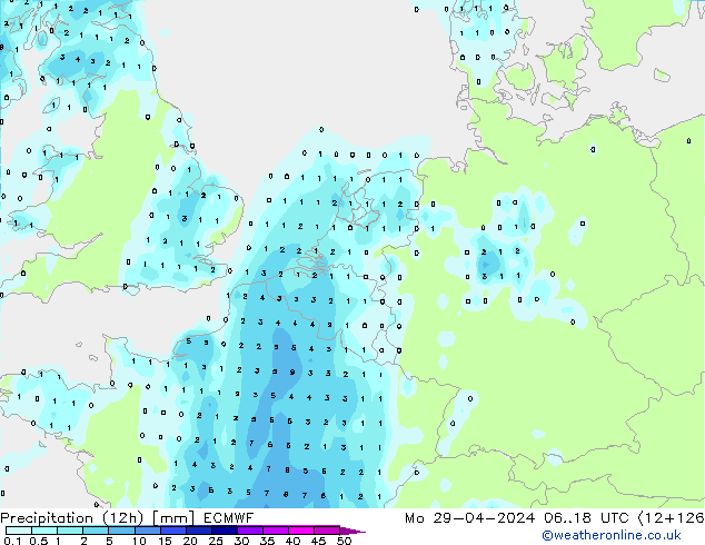 Precipitation (12h) ECMWF Mo 29.04.2024 18 UTC