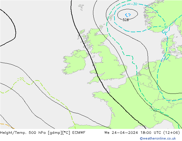 Z500/Rain (+SLP)/Z850 ECMWF We 24.04.2024 18 UTC